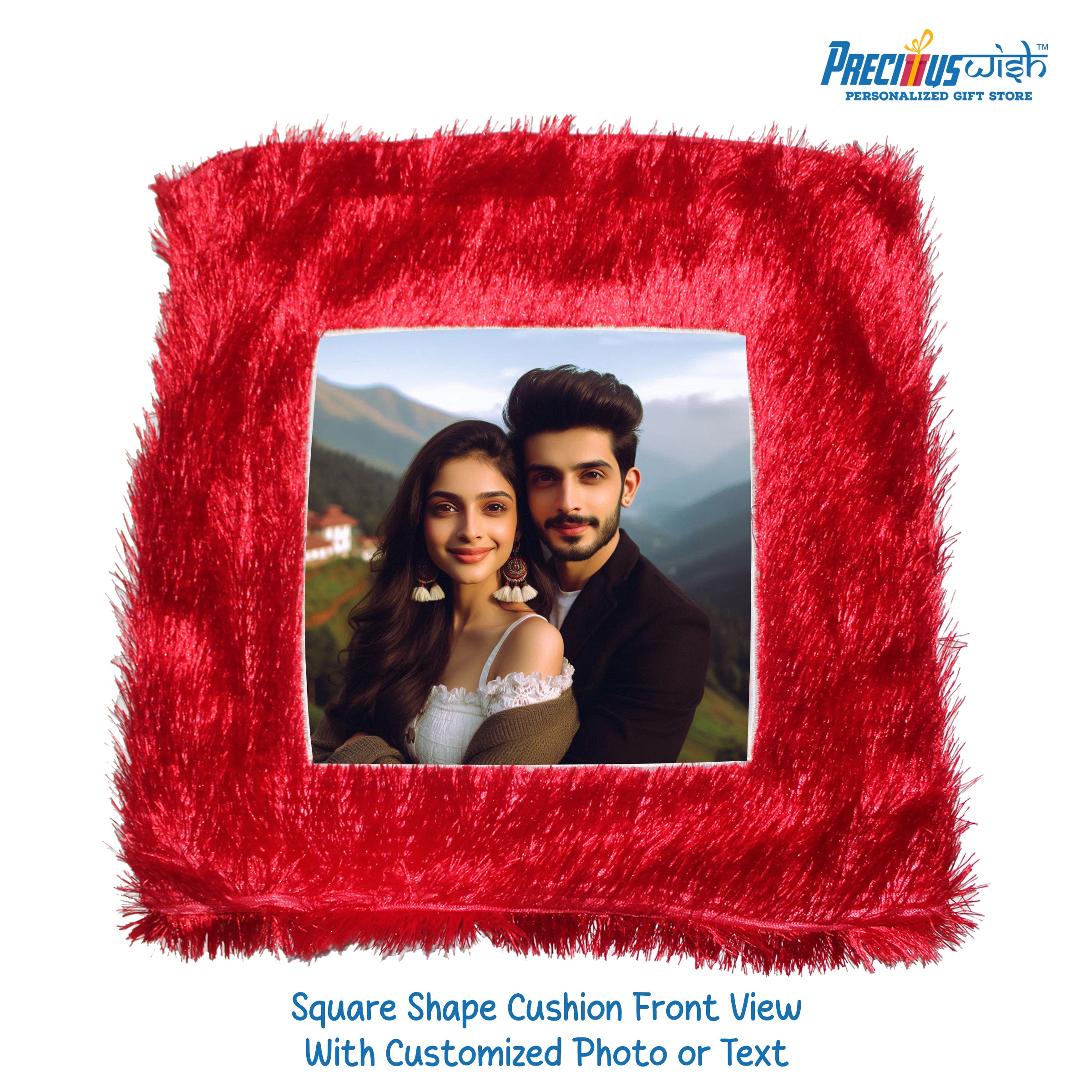 Customized Square Shaped Furr Cushion - Red Color