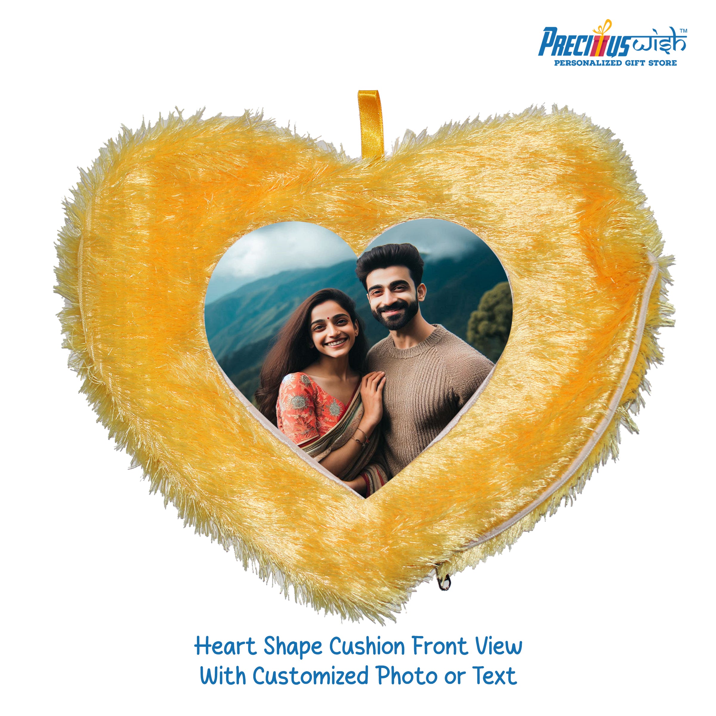 Customized Heart Shaped Furr Cushion - Yellow Color