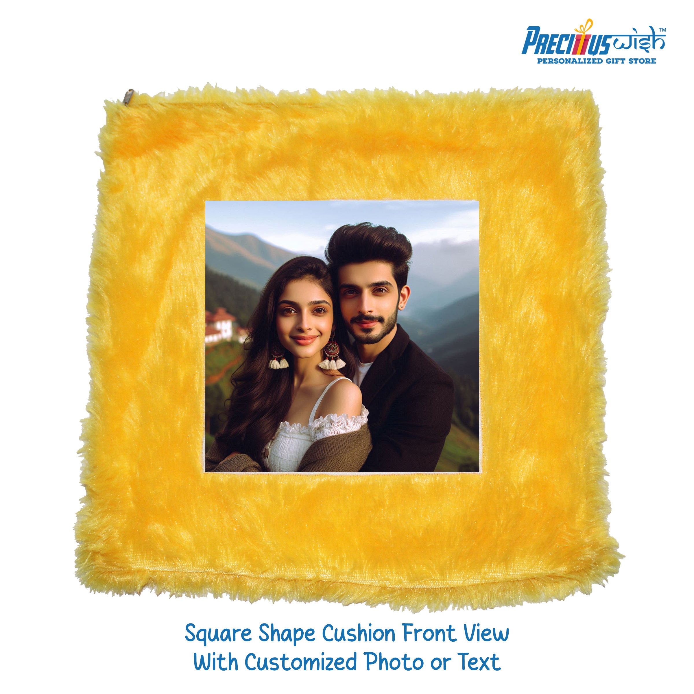 Customized Square Shaped Furr Cushion - Yellow Color